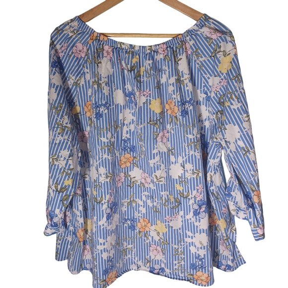 Como Blu Cottagecore Top Womens Plus 3X Floral Blue Striped Boho Peasant Feminin - Picture 7 of 9